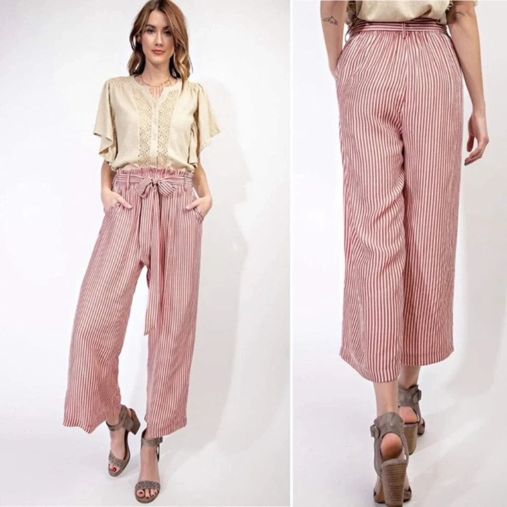 ANTHROPOLOGIE • EASEL Striped Paper Bag Crop Wide Leg Palazzo Pants - Picture 2 of 5
